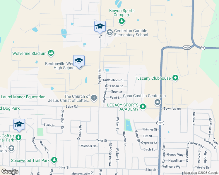 map of restaurants, bars, coffee shops, grocery stores, and more near 701 Lasso Lane in Centerton