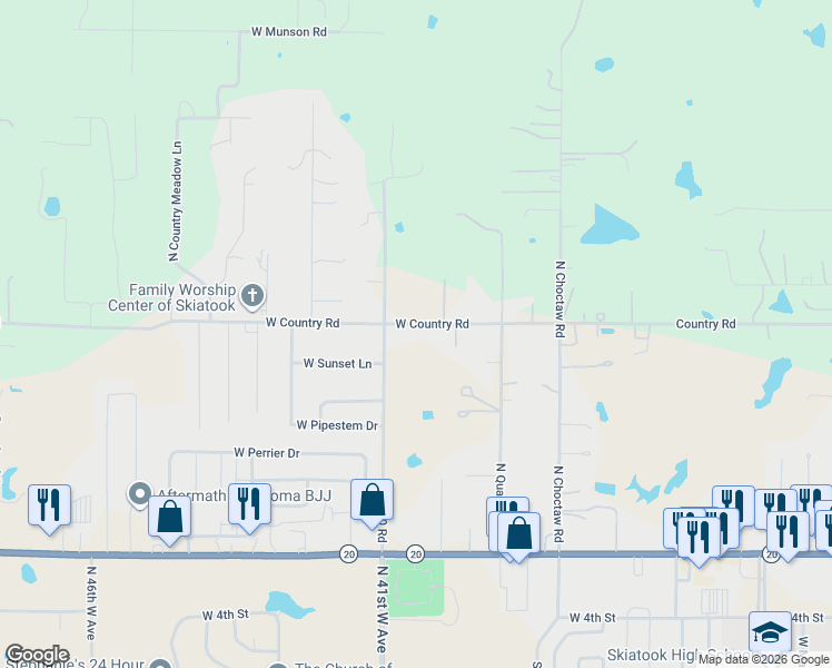 map of restaurants, bars, coffee shops, grocery stores, and more near 3504 West Country Road in Skiatook