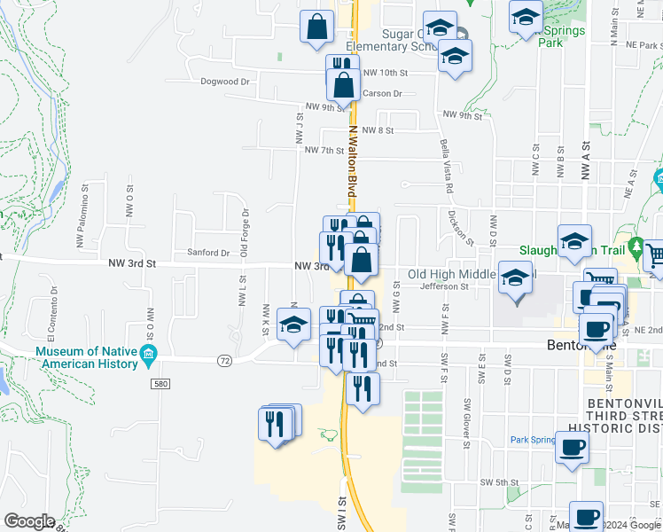 map of restaurants, bars, coffee shops, grocery stores, and more near 1114 Northwest 3rd Street in Bentonville