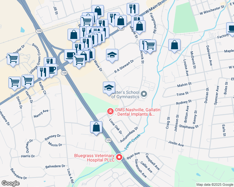 map of restaurants, bars, coffee shops, grocery stores, and more near 750 Green Wave Drive in Gallatin