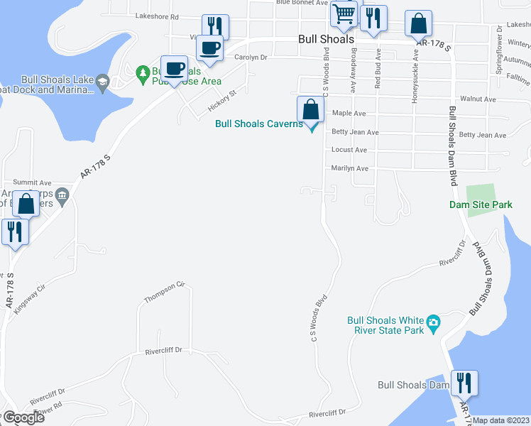 map of restaurants, bars, coffee shops, grocery stores, and more near in Bull Shoals