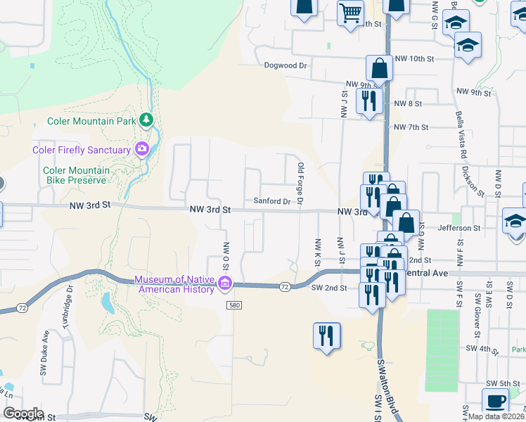 map of restaurants, bars, coffee shops, grocery stores, and more near Northwest 3rd Street in Bentonville