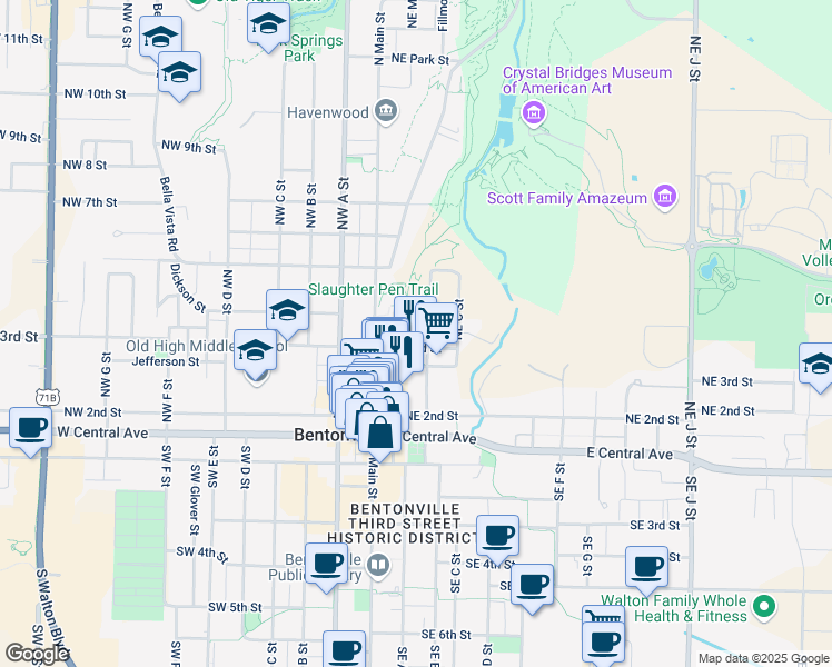 map of restaurants, bars, coffee shops, grocery stores, and more near 200 Northeast A Street in Bentonville