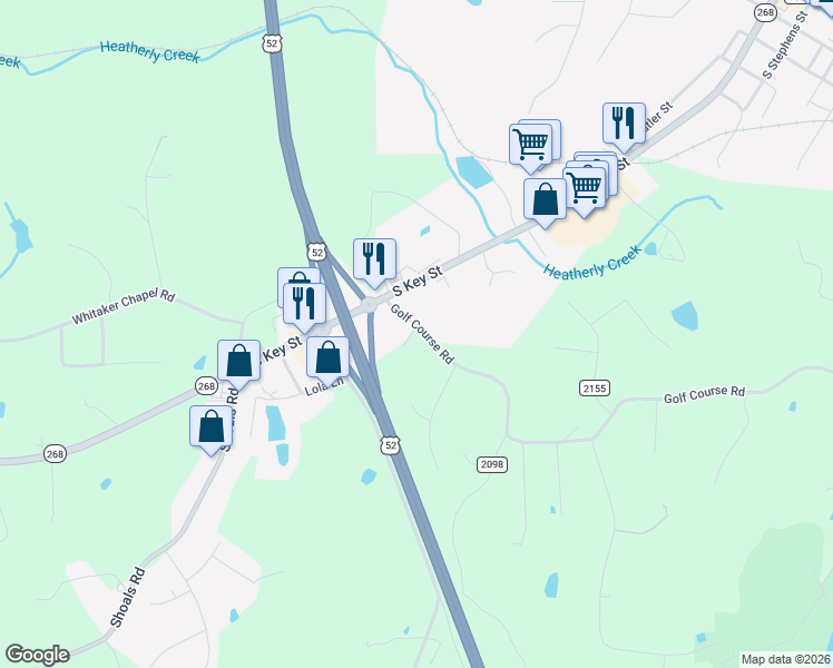 map of restaurants, bars, coffee shops, grocery stores, and more near 118 Golf Course Road in Pilot Mountain