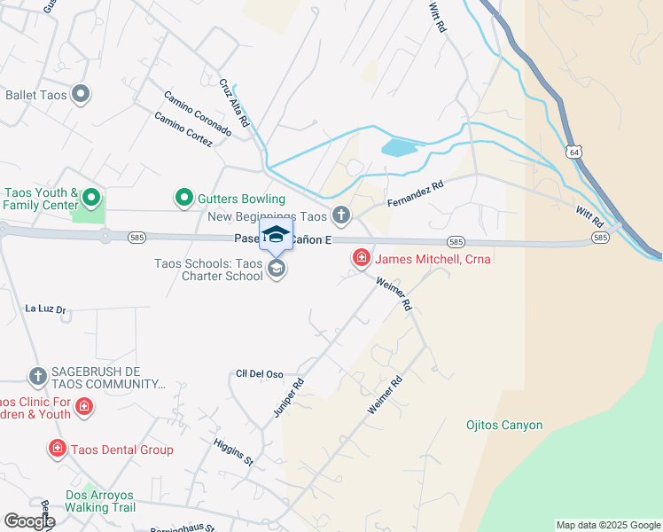 map of restaurants, bars, coffee shops, grocery stores, and more near Calle Cuervo in Taos
