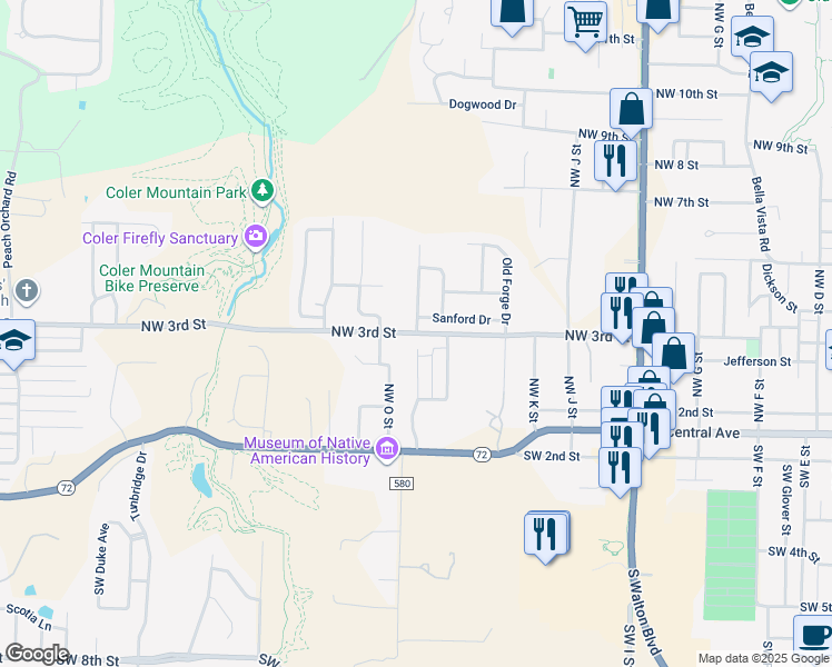map of restaurants, bars, coffee shops, grocery stores, and more near Northwest 3rd Street in Bentonville