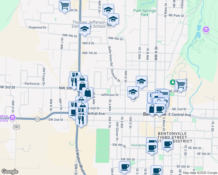 map of restaurants, bars, coffee shops, grocery stores, and more near 612 Jefferson Street in Bentonville