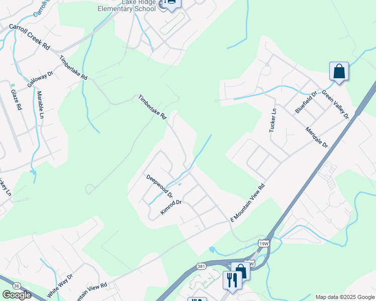 map of restaurants, bars, coffee shops, grocery stores, and more near 3904 Timberlake Road in Johnson City