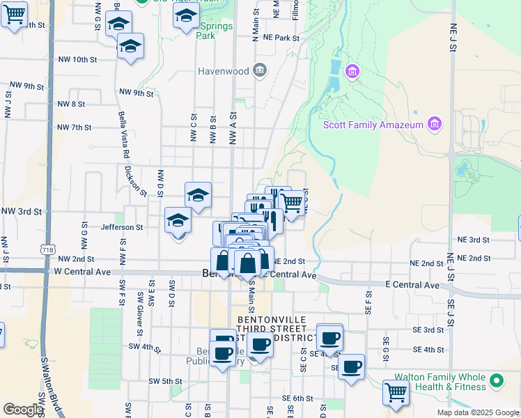 map of restaurants, bars, coffee shops, grocery stores, and more near 220 Northwest A Street in Bentonville