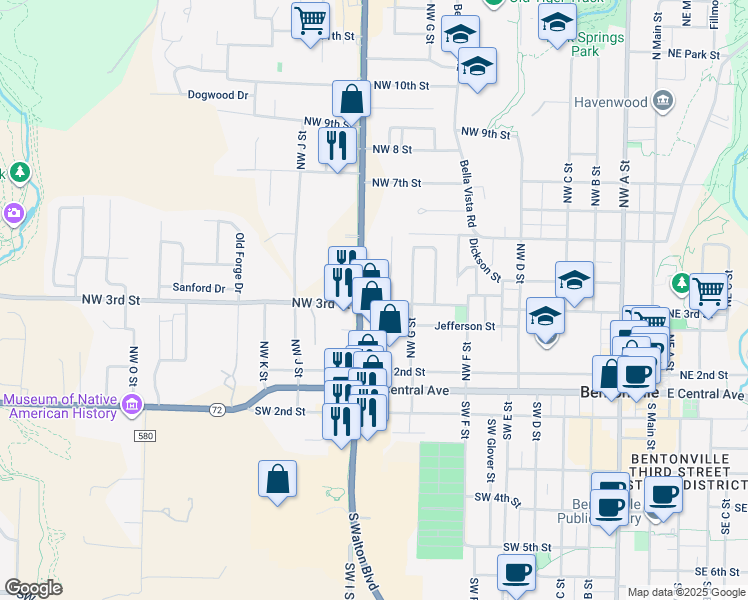 map of restaurants, bars, coffee shops, grocery stores, and more near 284 U.S. 71 in West Fork