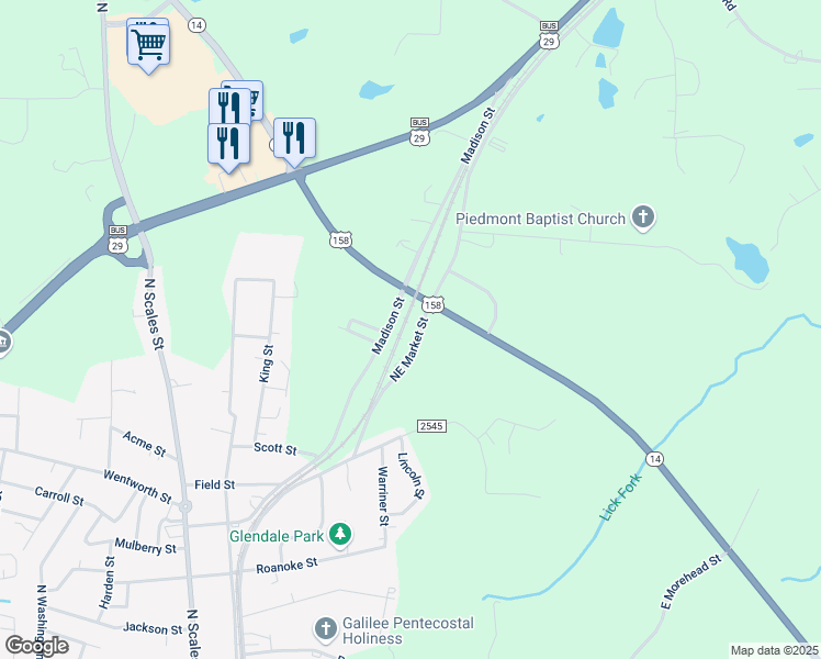 map of restaurants, bars, coffee shops, grocery stores, and more near 501 Madison Street in Reidsville
