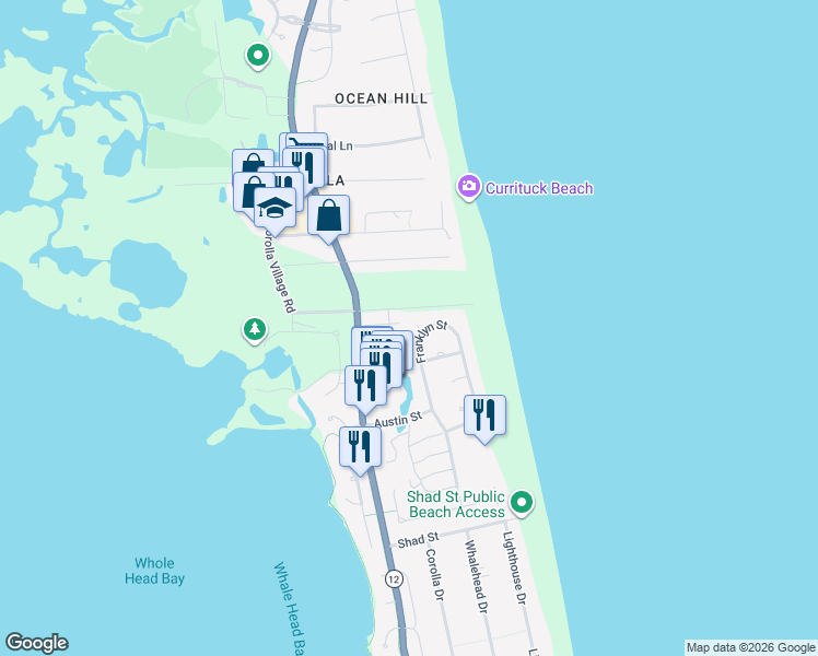 map of restaurants, bars, coffee shops, grocery stores, and more near 1130-1155 Franklyn Street in Corolla