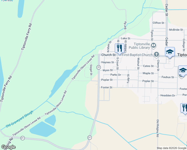map of restaurants, bars, coffee shops, grocery stores, and more near 118 Siegel Street in Tiptonville