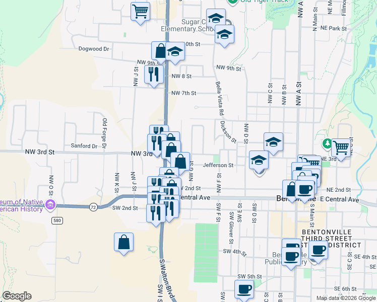 map of restaurants, bars, coffee shops, grocery stores, and more near 213 Northwest G Street in Bentonville