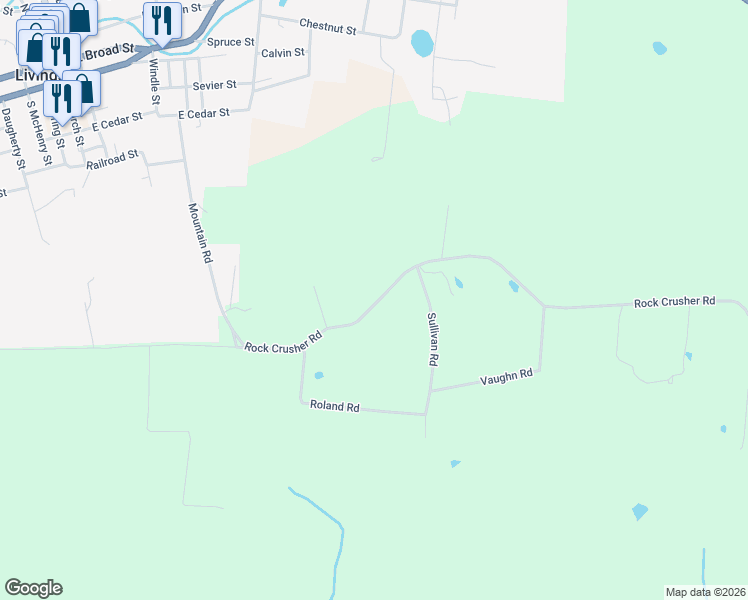 map of restaurants, bars, coffee shops, grocery stores, and more near 416-466 Rock Crusher Road in Livingston