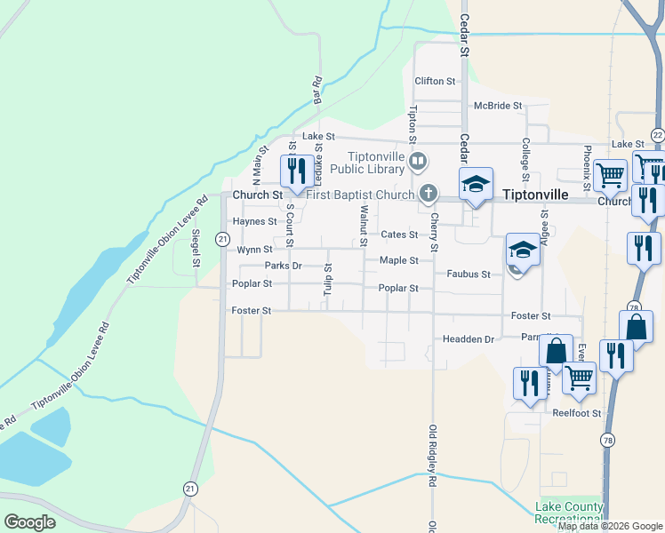 map of restaurants, bars, coffee shops, grocery stores, and more near 330 Poplar Street in Tiptonville