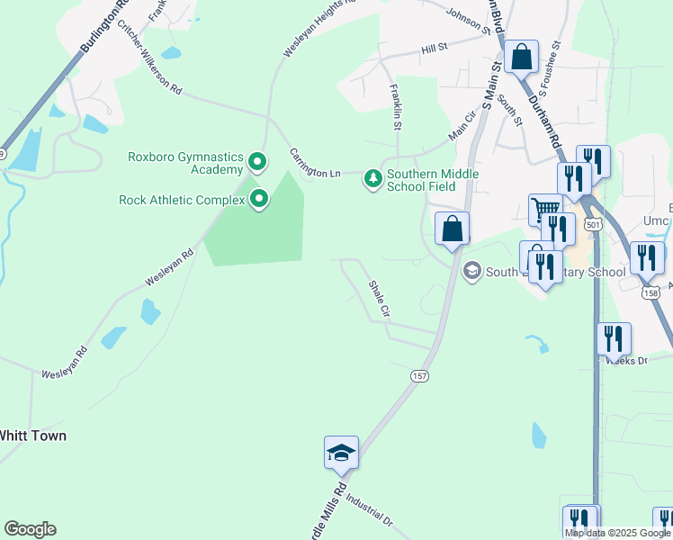 map of restaurants, bars, coffee shops, grocery stores, and more near 258 Shale Circle in Roxboro