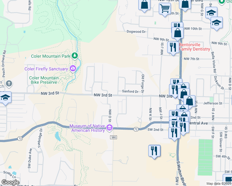 map of restaurants, bars, coffee shops, grocery stores, and more near 301 Coachlight Drive in Bentonville