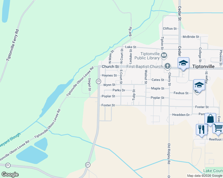 map of restaurants, bars, coffee shops, grocery stores, and more near 210 Wynn Street in Tiptonville