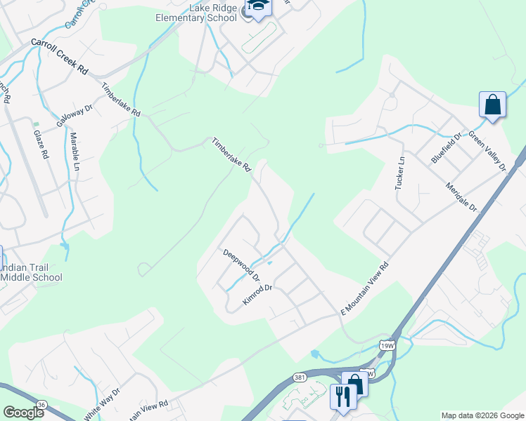 map of restaurants, bars, coffee shops, grocery stores, and more near 3918 Timberlake Road in Johnson City