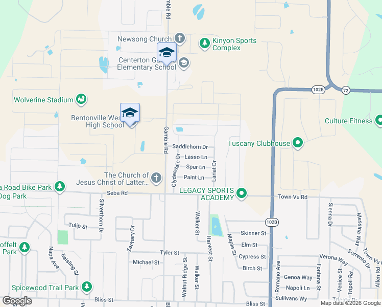 map of restaurants, bars, coffee shops, grocery stores, and more near 640 Saddlehorn Drive in Centerton