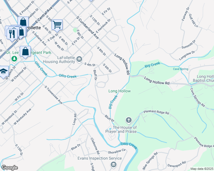 map of restaurants, bars, coffee shops, grocery stores, and more near 109 Pleasant Ridge Road in LaFollette