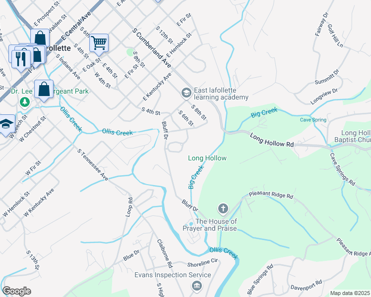 map of restaurants, bars, coffee shops, grocery stores, and more near 109 Pleasant Ridge Road in LaFollette