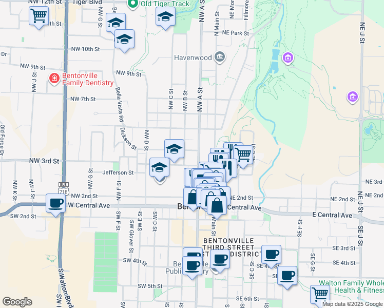 map of restaurants, bars, coffee shops, grocery stores, and more near 205 Northwest 4th Street in Bentonville