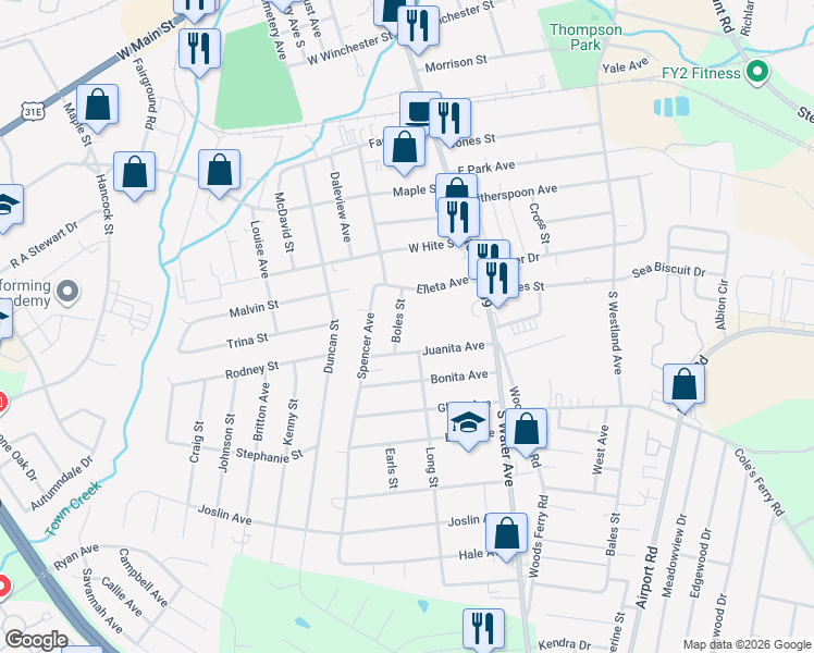 map of restaurants, bars, coffee shops, grocery stores, and more near 805 Boles Street in Gallatin