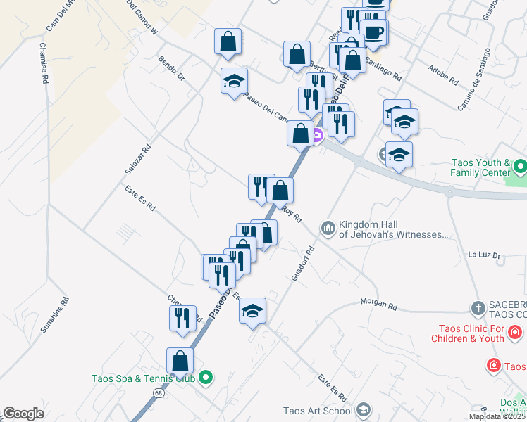 map of restaurants, bars, coffee shops, grocery stores, and more near 206 Paseo Del Cañon East in Taos