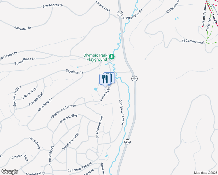 map of restaurants, bars, coffee shops, grocery stores, and more near Country Club Drive in Angel Fire