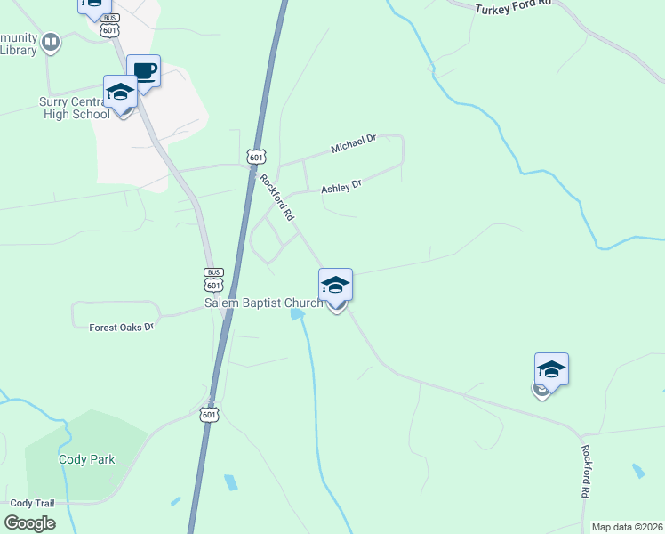 map of restaurants, bars, coffee shops, grocery stores, and more near 353 Rockford Road in Dobson
