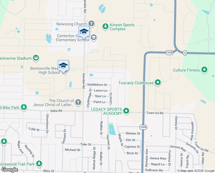 map of restaurants, bars, coffee shops, grocery stores, and more near 540 Saddlehorn Drive in Centerton