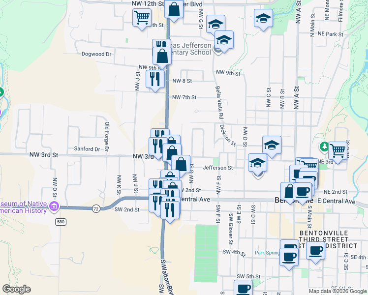 map of restaurants, bars, coffee shops, grocery stores, and more near 307 Crestview Drive in Bentonville