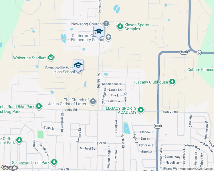 map of restaurants, bars, coffee shops, grocery stores, and more near 640 Saddlehorn Drive in Centerton