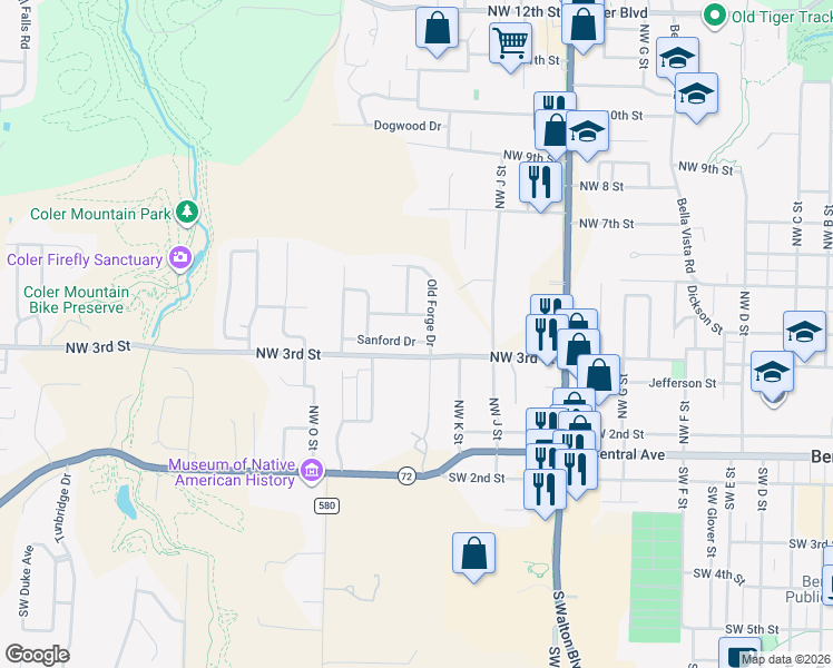 map of restaurants, bars, coffee shops, grocery stores, and more near 1305 Barberry Lane in Bentonville