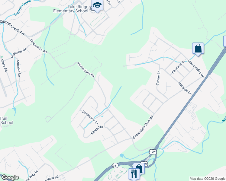 map of restaurants, bars, coffee shops, grocery stores, and more near 3904 Timberlake Road in Johnson City