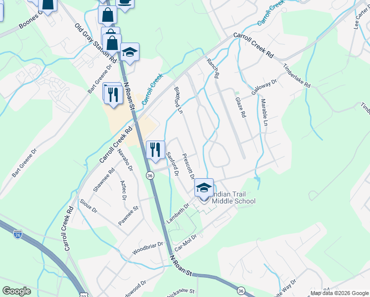 map of restaurants, bars, coffee shops, grocery stores, and more near 4106 Bradford Lane in Johnson City