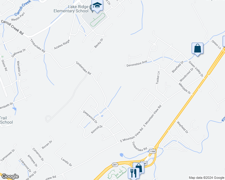 map of restaurants, bars, coffee shops, grocery stores, and more near 3904 Timberlake Road in Johnson City