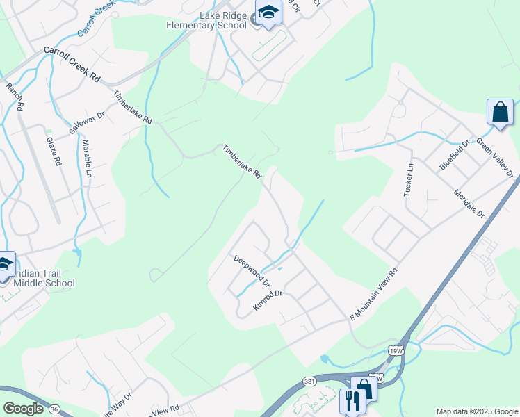 map of restaurants, bars, coffee shops, grocery stores, and more near 3911 Timberlake Road in Johnson City