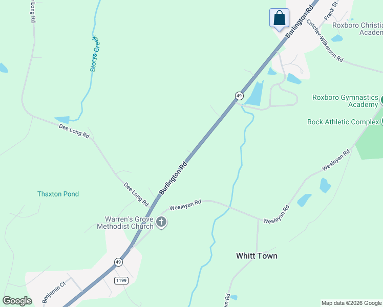 map of restaurants, bars, coffee shops, grocery stores, and more near 1308 Burlington Road in Roxboro
