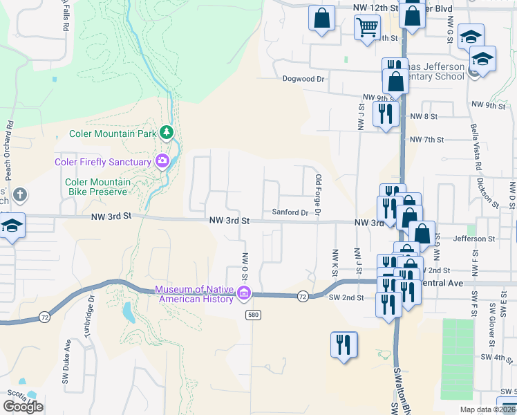 map of restaurants, bars, coffee shops, grocery stores, and more near 307 Coachlight Drive in Bentonville