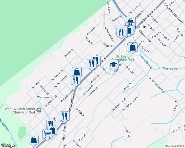 map of restaurants, bars, coffee shops, grocery stores, and more near 503 West Central Avenue in LaFollette