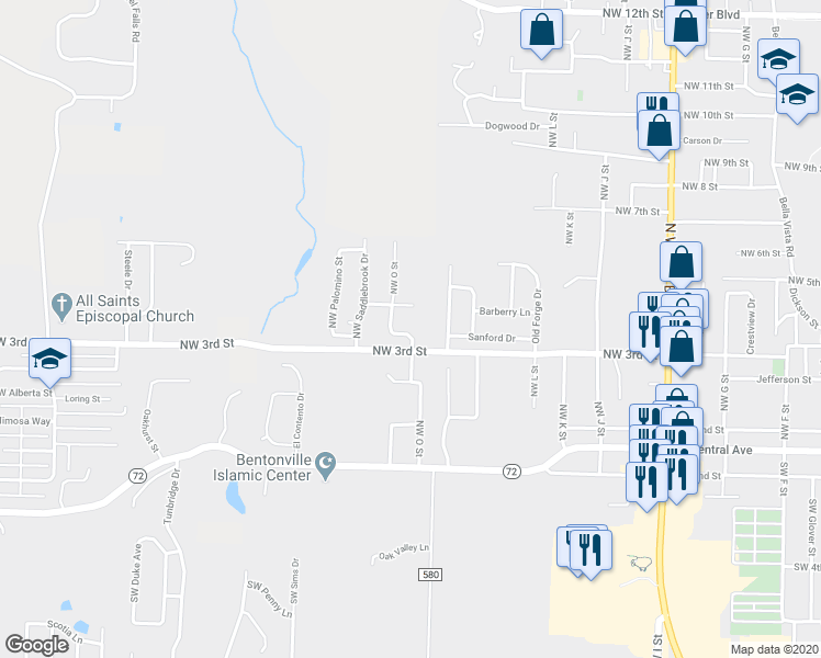 map of restaurants, bars, coffee shops, grocery stores, and more near 300 Northwest O Street in Bentonville