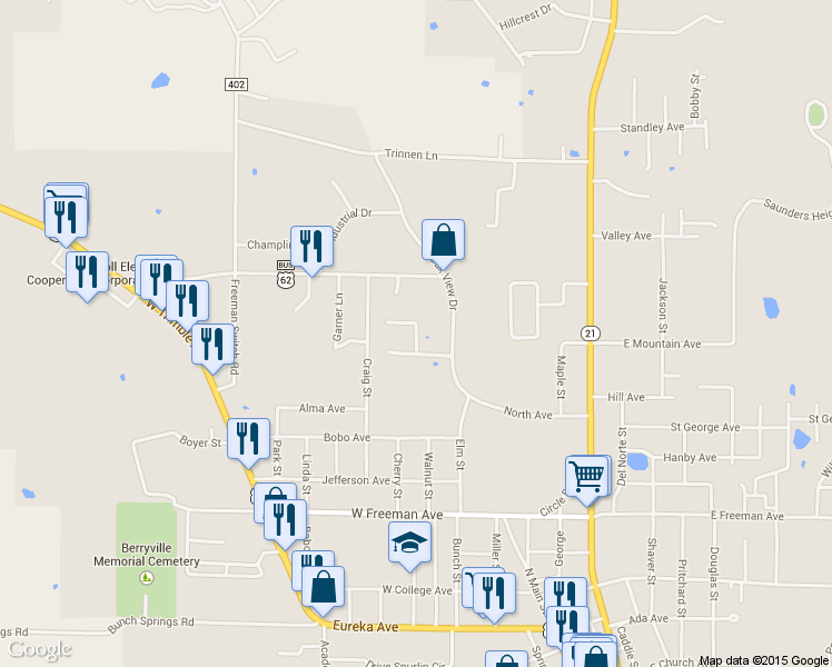 map of restaurants, bars, coffee shops, grocery stores, and more near Nunez Lane in Berryville