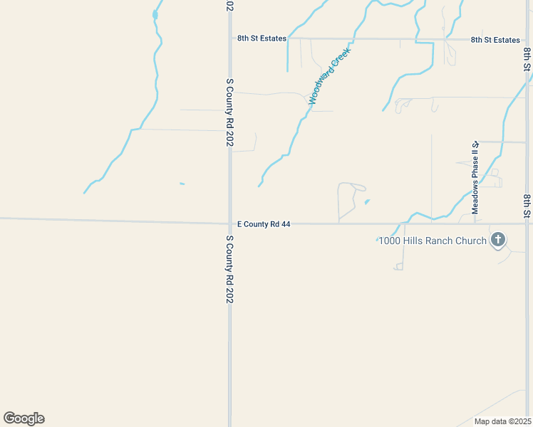 map of restaurants, bars, coffee shops, grocery stores, and more near 202128 East County Road 44 in Woodward