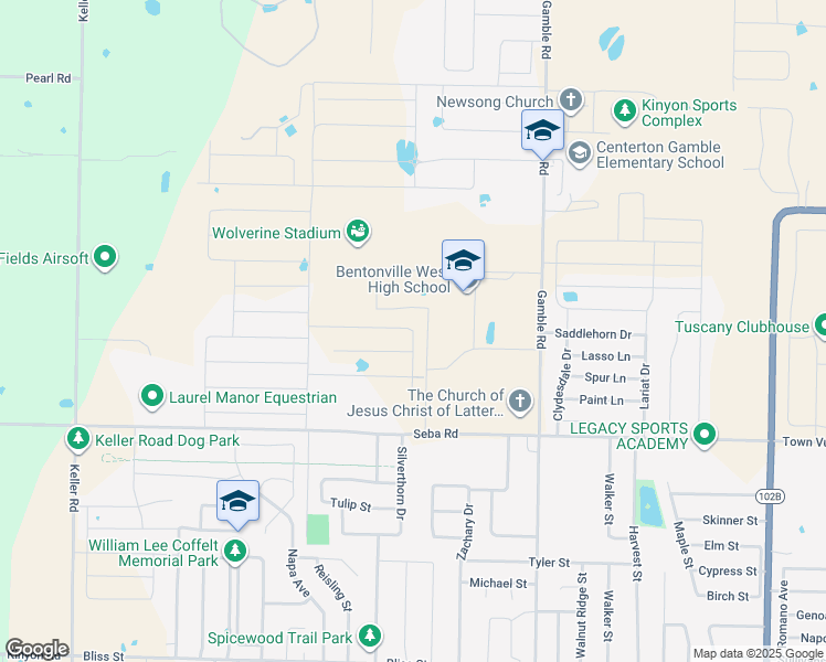 map of restaurants, bars, coffee shops, grocery stores, and more near 10521 Gamble Road in Centerton