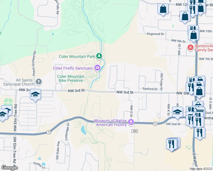 map of restaurants, bars, coffee shops, grocery stores, and more near 303 Northwest Palomino Street in Bentonville