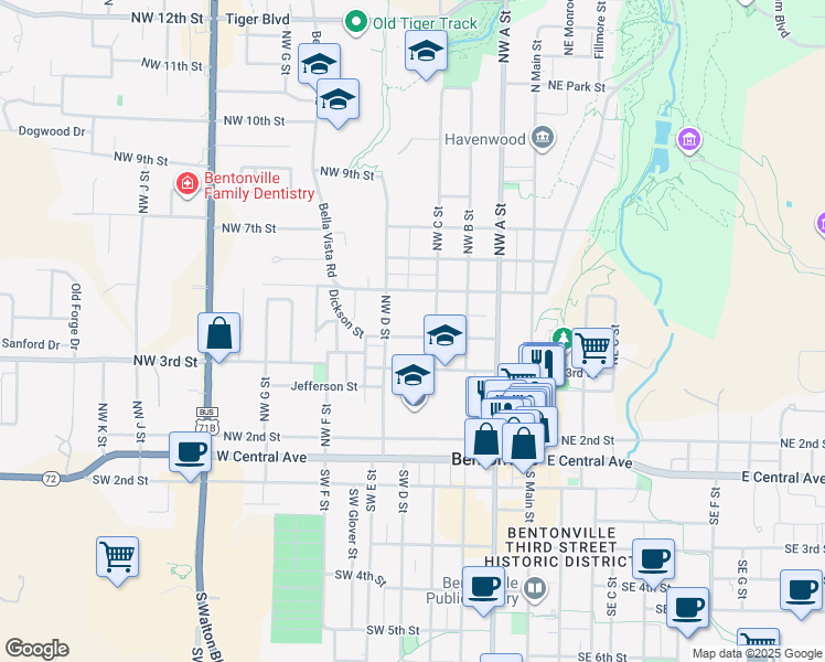map of restaurants, bars, coffee shops, grocery stores, and more near 408 Northwest 4th Street in Bentonville