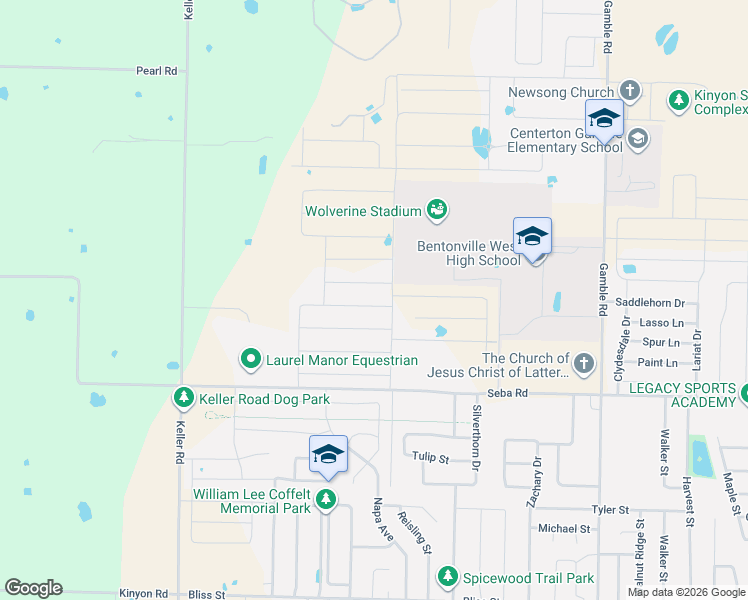 map of restaurants, bars, coffee shops, grocery stores, and more near 12515 Seba Road in Centerton